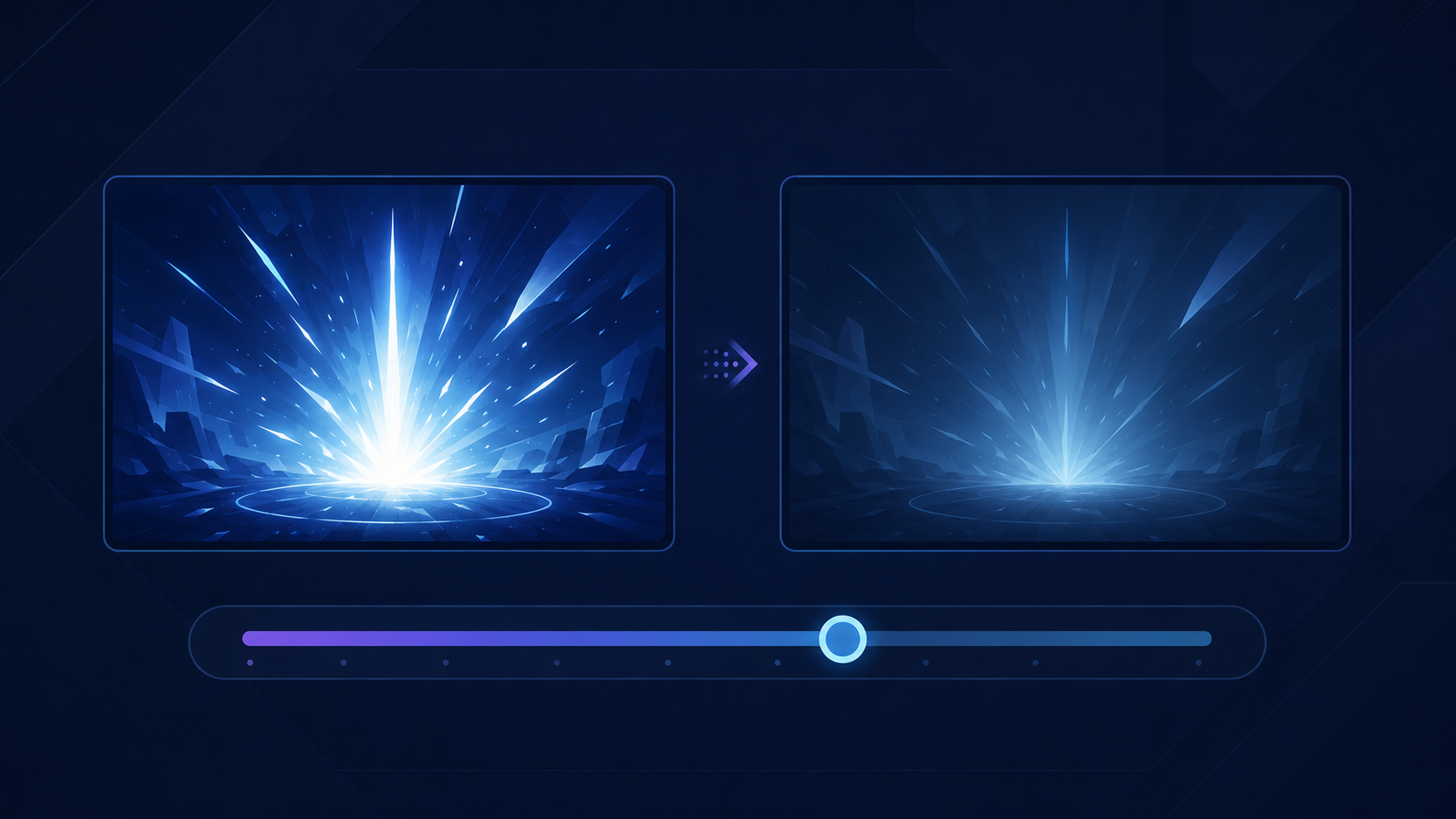 Two game-like display panels show the same blue burst, with a bright version on the left and a dimmer version on the right. An adjustment slider appears below.