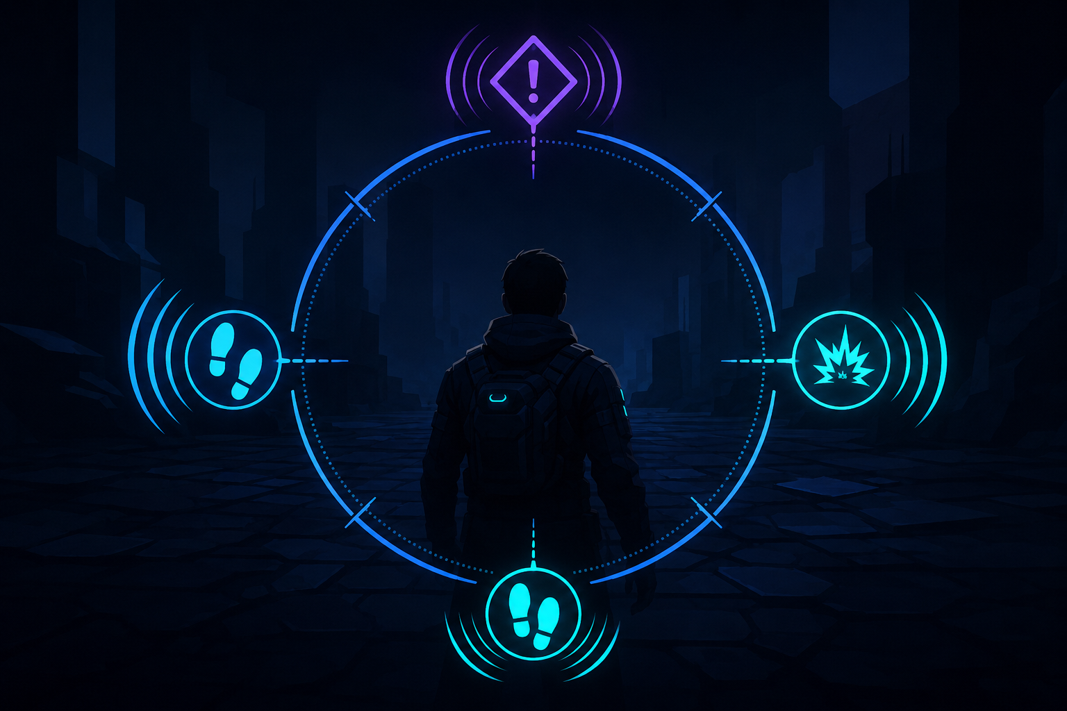 Directional sound cues represented as on-screen icons. Original illustration created for GamingAccessibility.org.