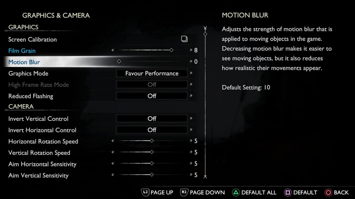 In-game options menu showing Motion Blur slider adjusted down to 0, along with adjacent motion settings like Camera Shake and Motion Sensitivity.