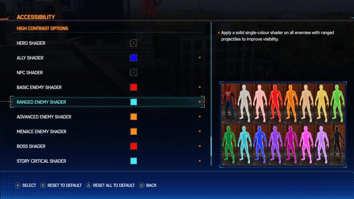High Contrast Display options menu in Marvel's Spider-Man 2 showing visual overlay colors assigned to hero, enemy, and interactable elements.