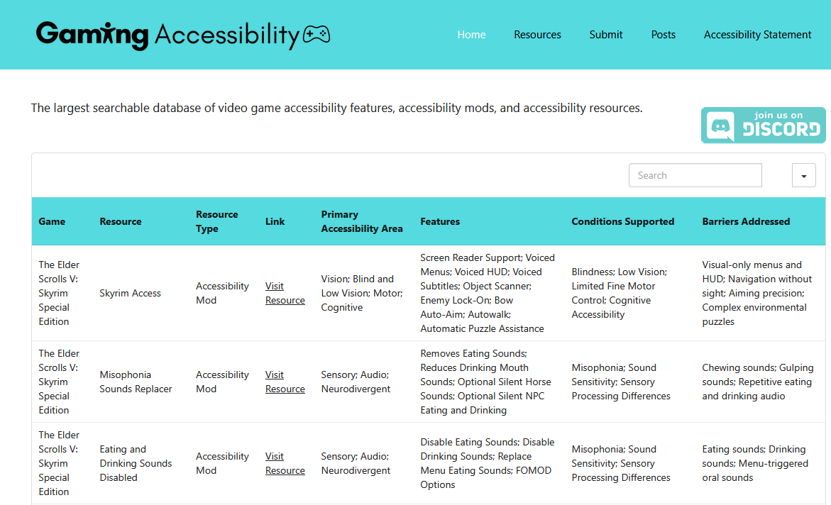 Gaming accessibility website screenshot of homepage