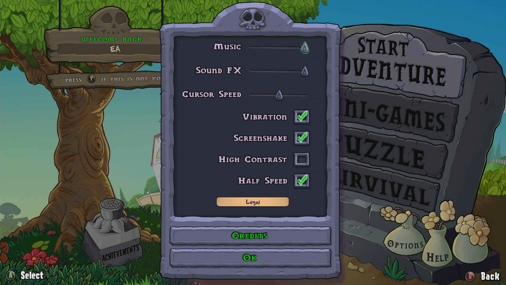 Plants vs. Zombies: Replanted includes a Half Speed setting in its main menu.
