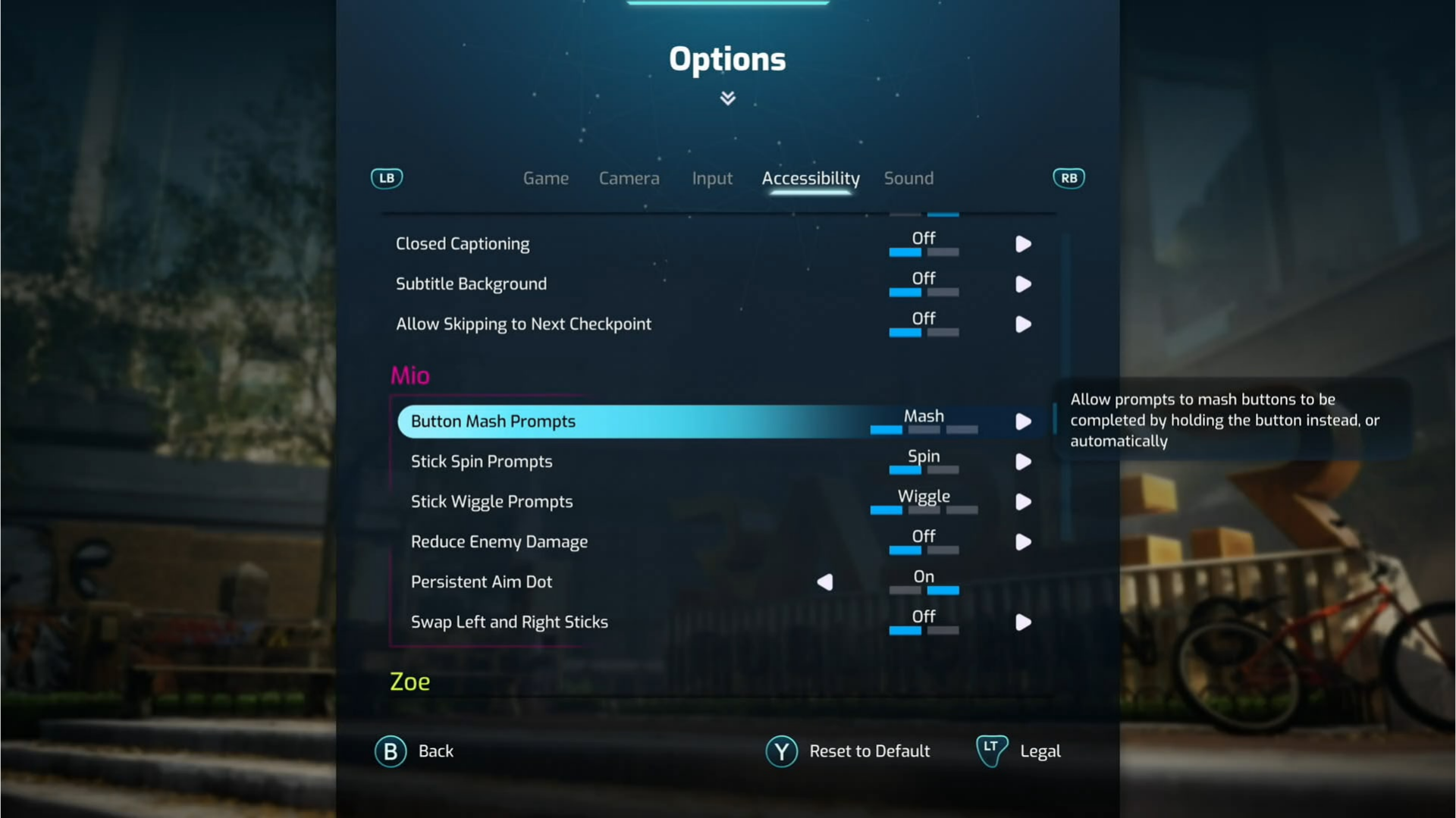 Split Fiction accessibility menu with Button Mash Prompts selected and a description stating that prompts can be completed by holding the button or automatically.