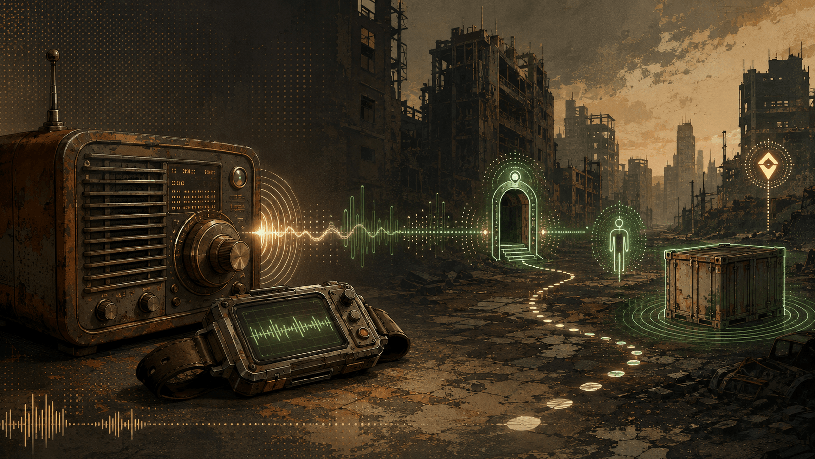 A retro radio and rugged wrist computer sending audio waves through a ruined city toward a marked doorway, person, container, and navigation route.
