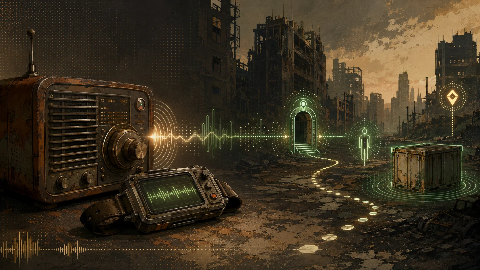 A retro radio and rugged wrist computer sending audio waves through a ruined city toward a marked doorway, person, container, and navigation route.
