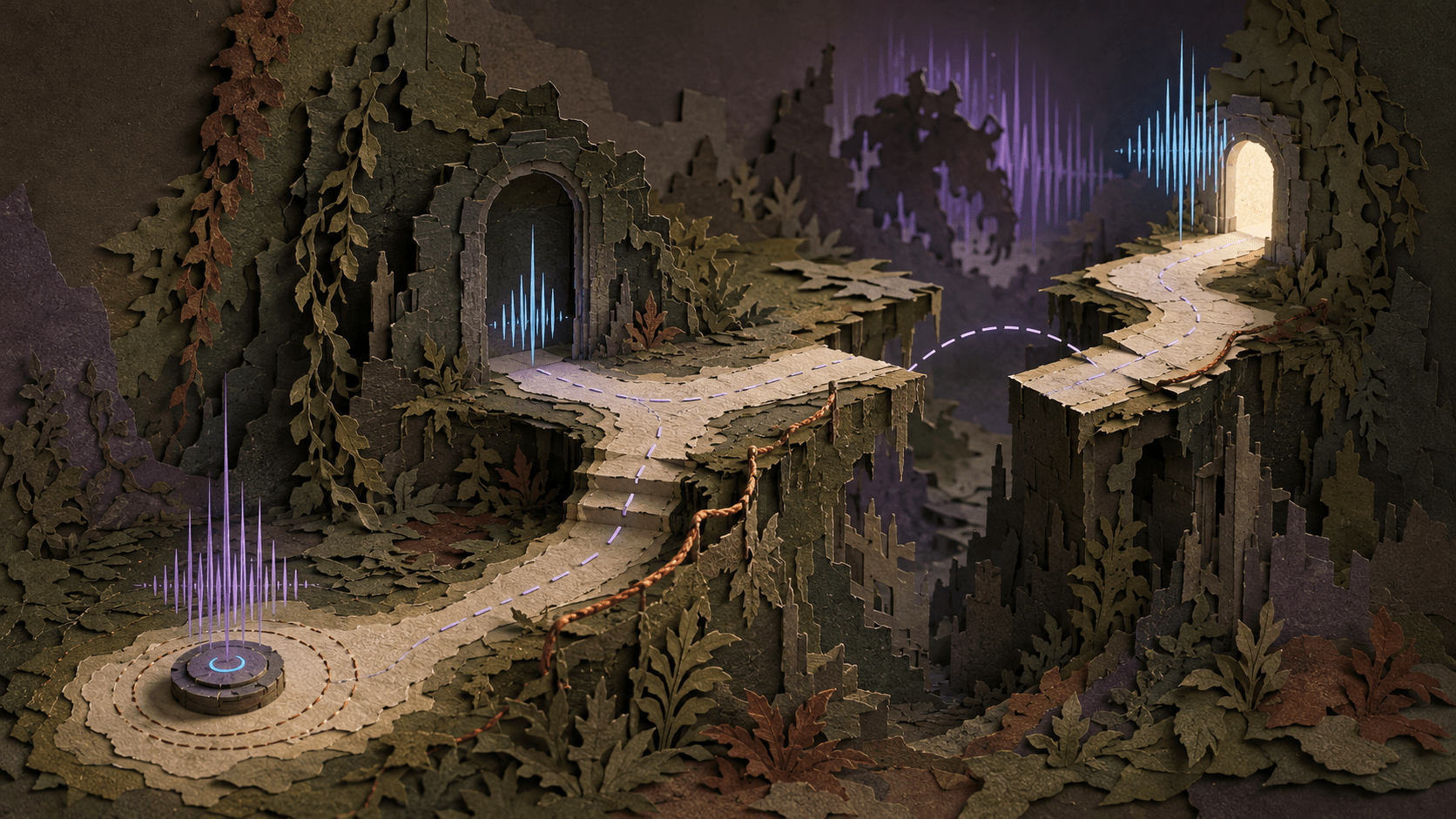 A layered-paper path crossing overgrown ruins and a deep gap, with raised sound waves marking objects, threats, and the destination.