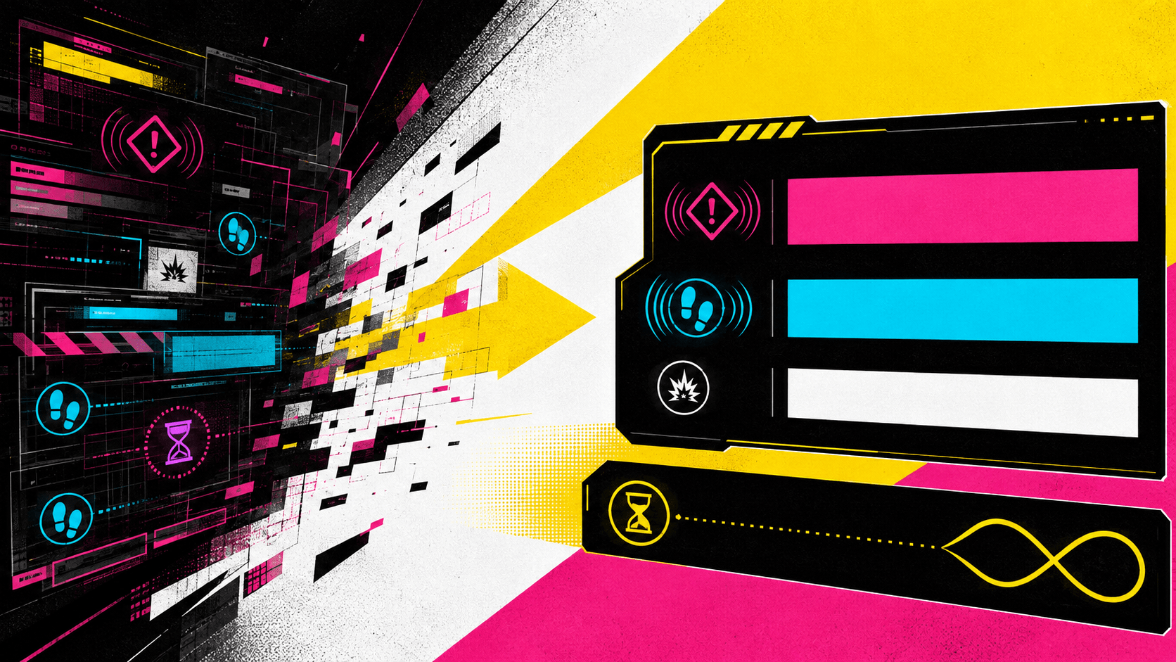 A dense, distorted interface transforming into a larger and cleaner display, with an hourglass opening into an untimed path.