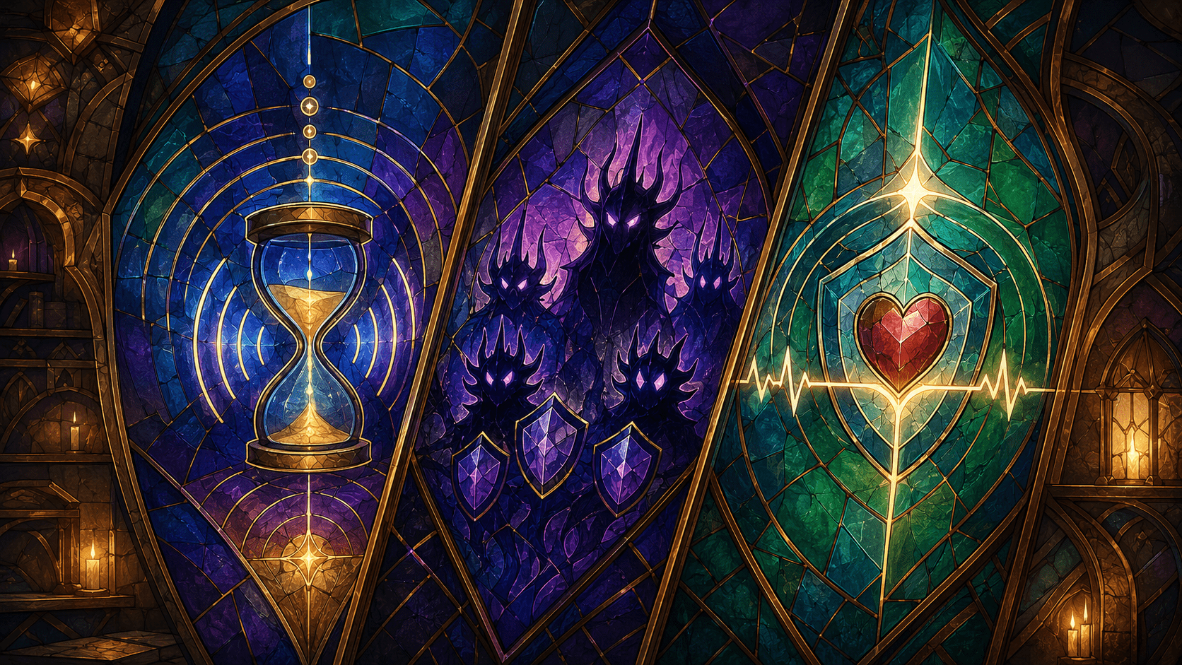 Three fantasy stained-glass panels showing an adjustable hourglass, enemies with shields, and a protected heart with a steady life line.