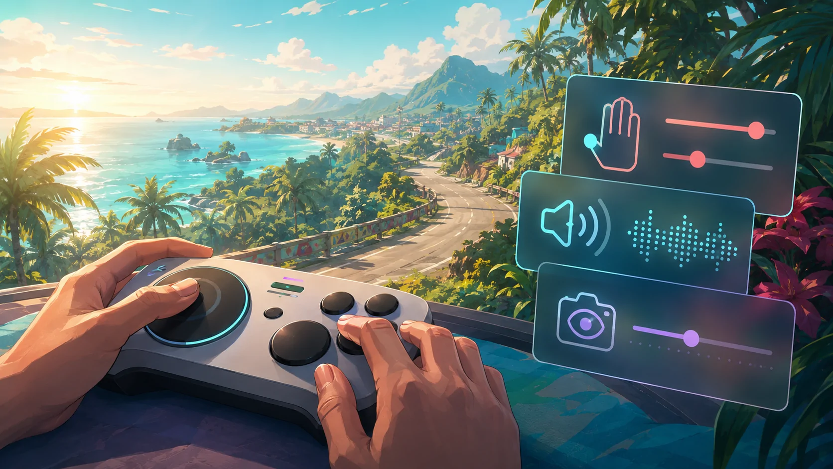 Hands using an adaptive game controller overlooking a tropical coastline, with controls representing one-handed input, sound captions, and reduced camera motion.