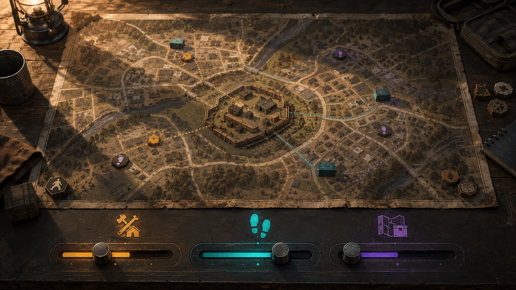 A tabletop survival map with a fortified community and three separate controls for community management, action, and map difficulty.