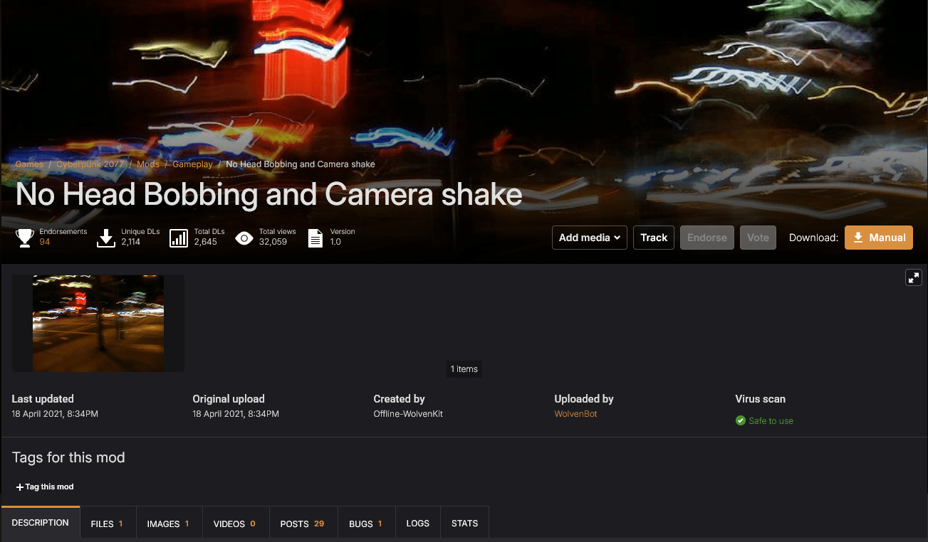Webpage interface displaying a community accessibility mod download page with features for disabling camera movement and head bobbing in Cyberpunk 2077.