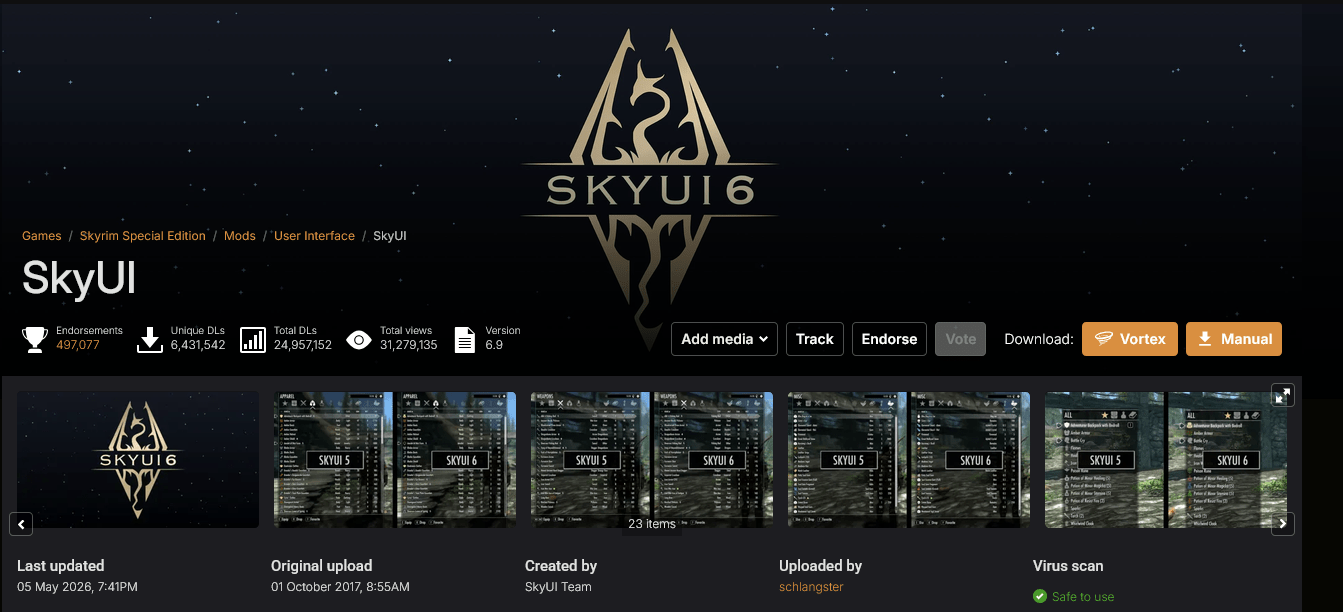 Nexus Mods page for SkyUI interface overhaul in Skyrim Special Edition