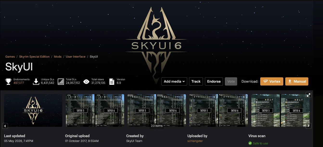 Nexus Mods page for SkyUI interface overhaul in Skyrim Special Edition