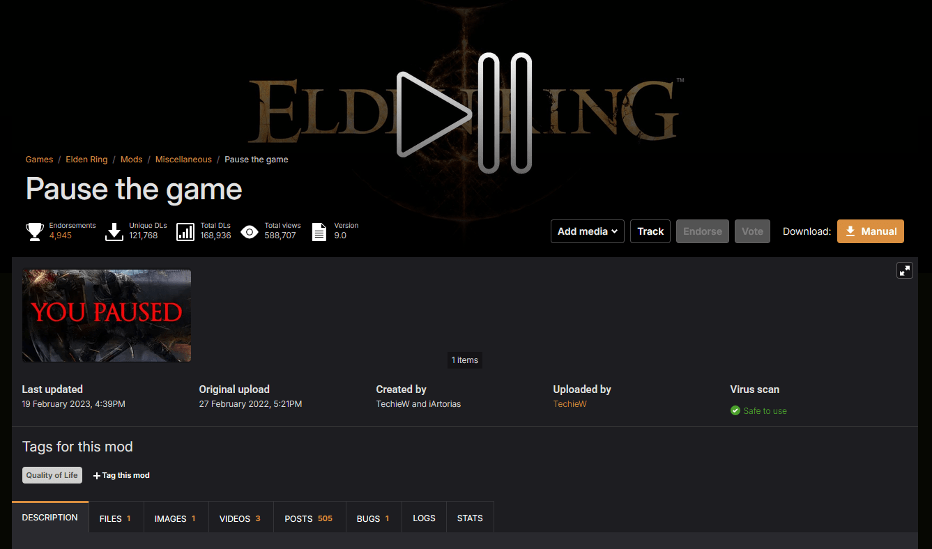 Webpage interface displaying a community accessibility mod download page with instructions for setting up a custom pause keybinding in Elden Ring.