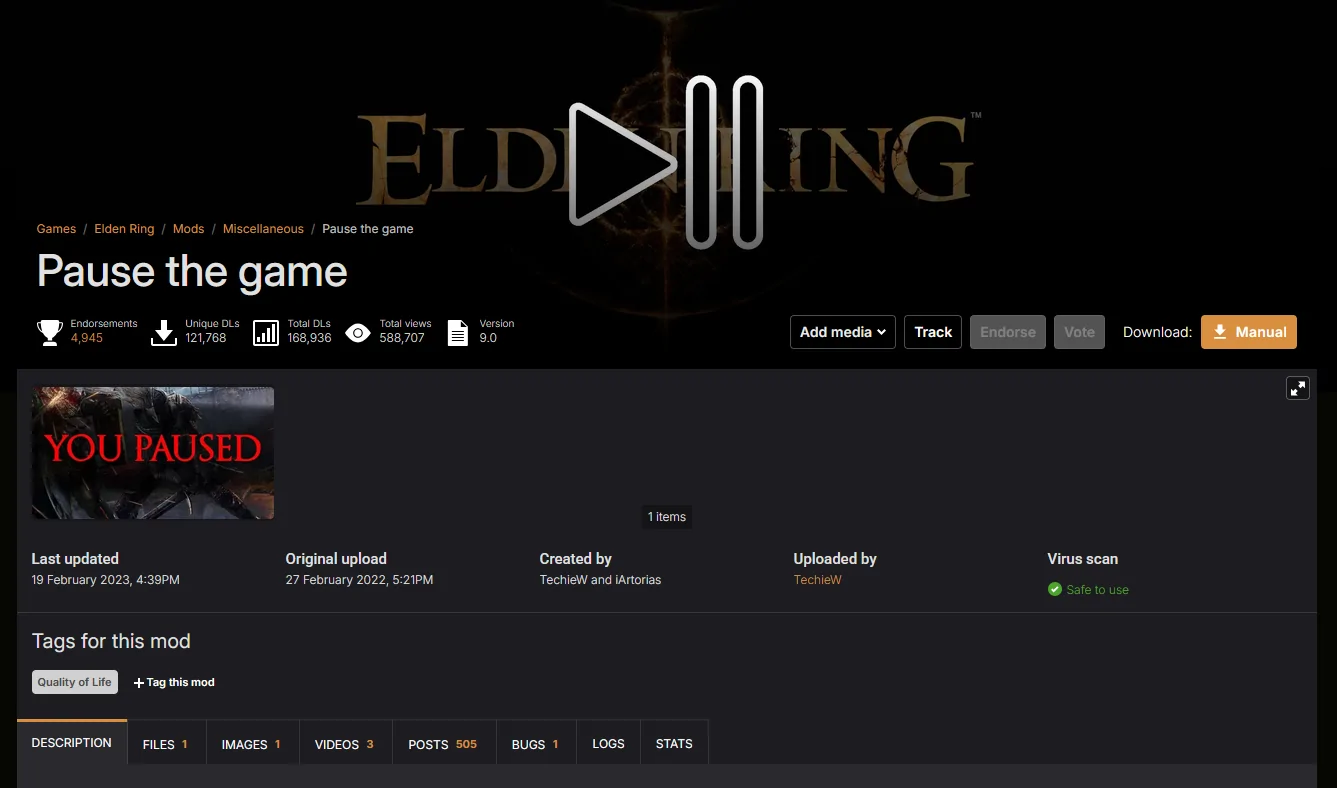 Webpage interface displaying a community accessibility mod download page with instructions for setting up a custom pause keybinding in Elden Ring.