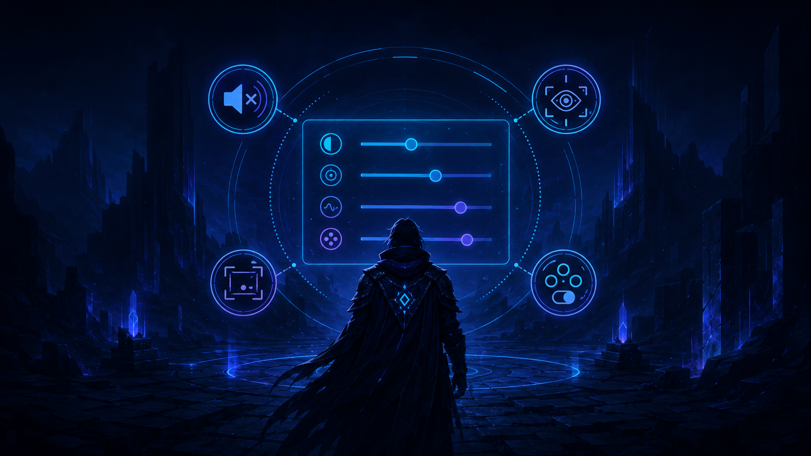 A fantasy adventurer facing a glowing accessibility interface with controls for sound, navigation, camera movement, and input settings.