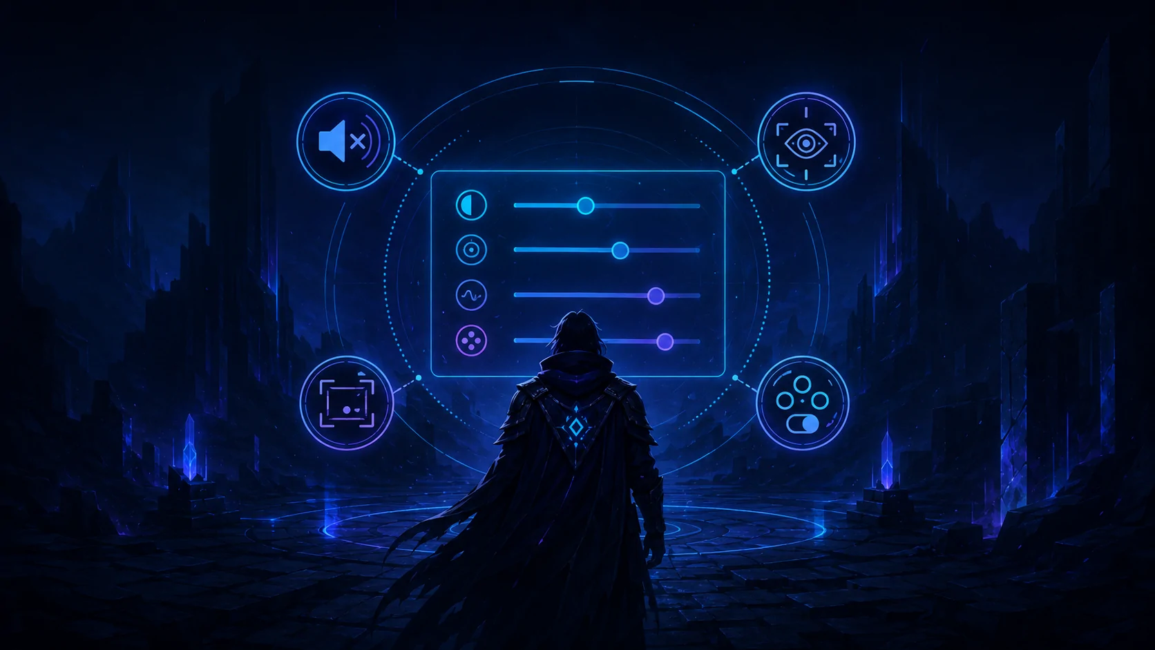 A fantasy adventurer facing a glowing accessibility interface with controls for sound, navigation, camera movement, and input settings.