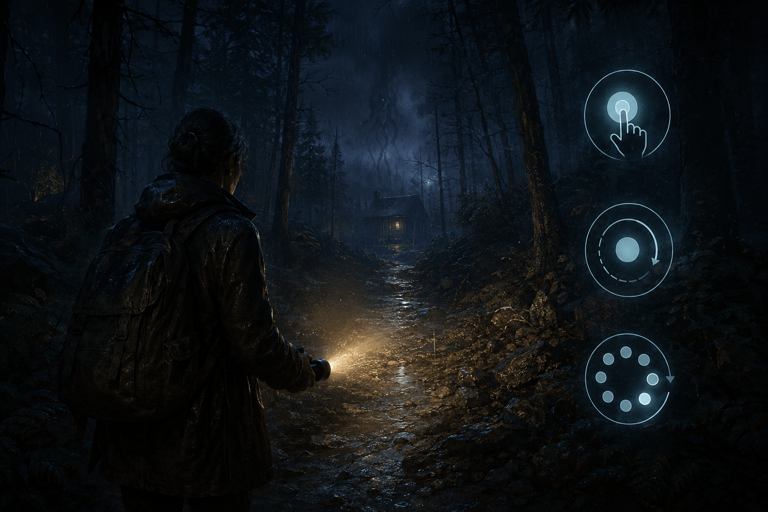 A detective crosses a dark forest scene while simplified single-button prompts, an automatic event symbol, and a quick-turn arc replace complex timed actions.