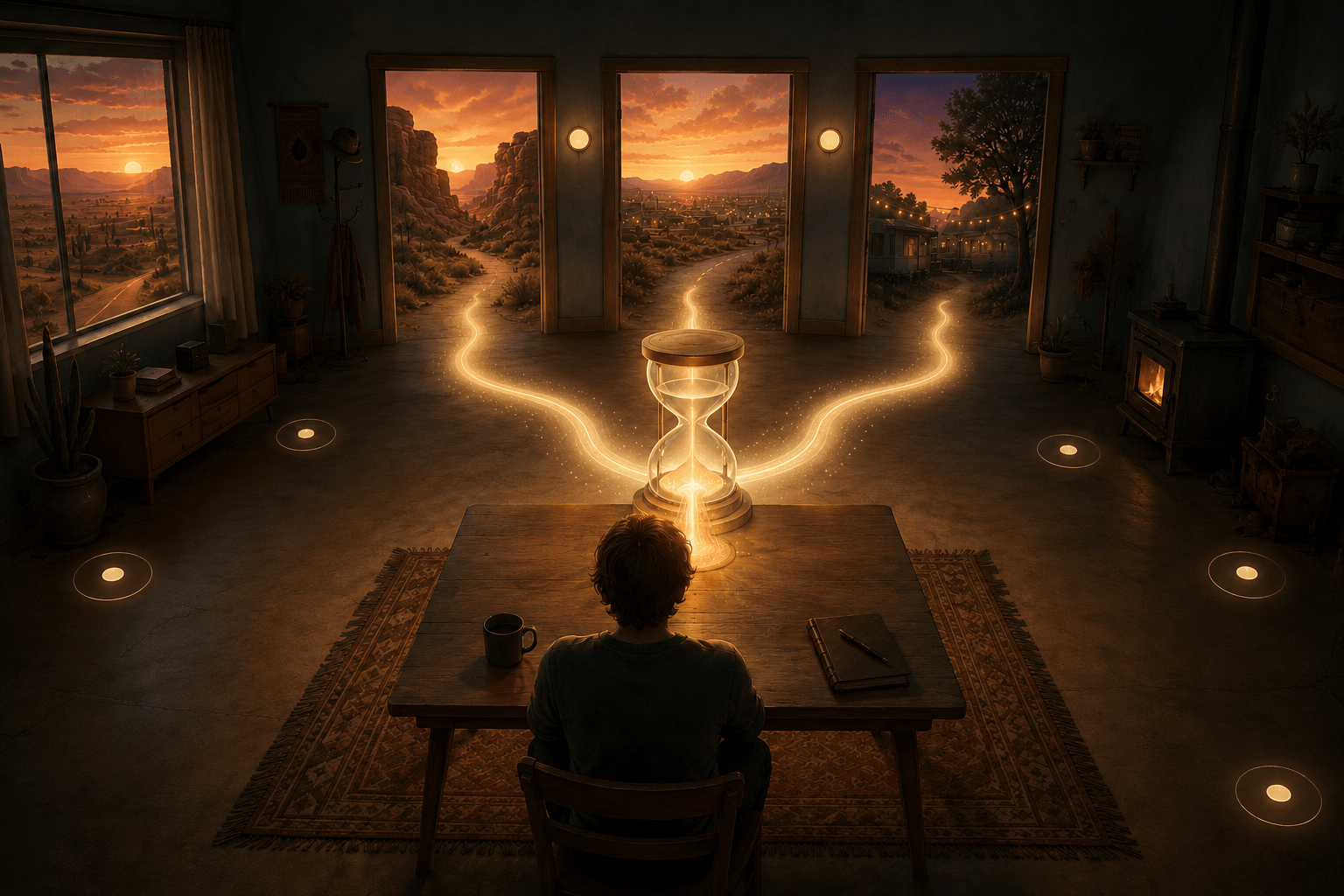 A person sits before a stopped glowing hourglass as three equally illuminated paths lead through separate open doorways