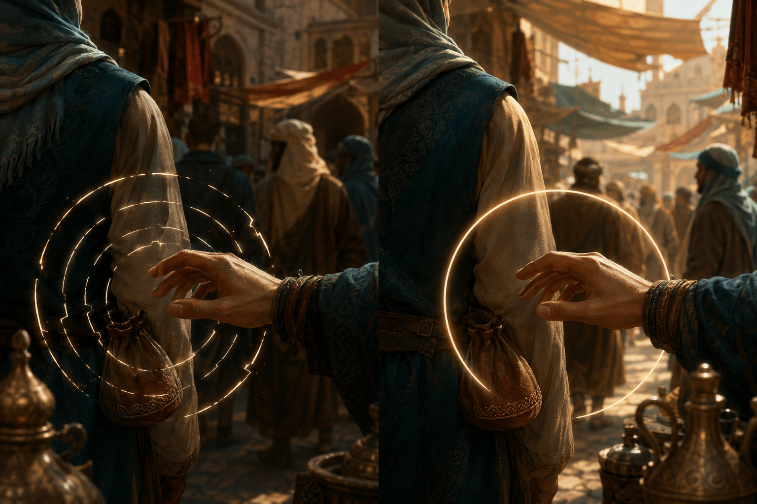 A hand reaches toward a belt pouch as expanding timing rings give way to a clear diamond-shaped success marker