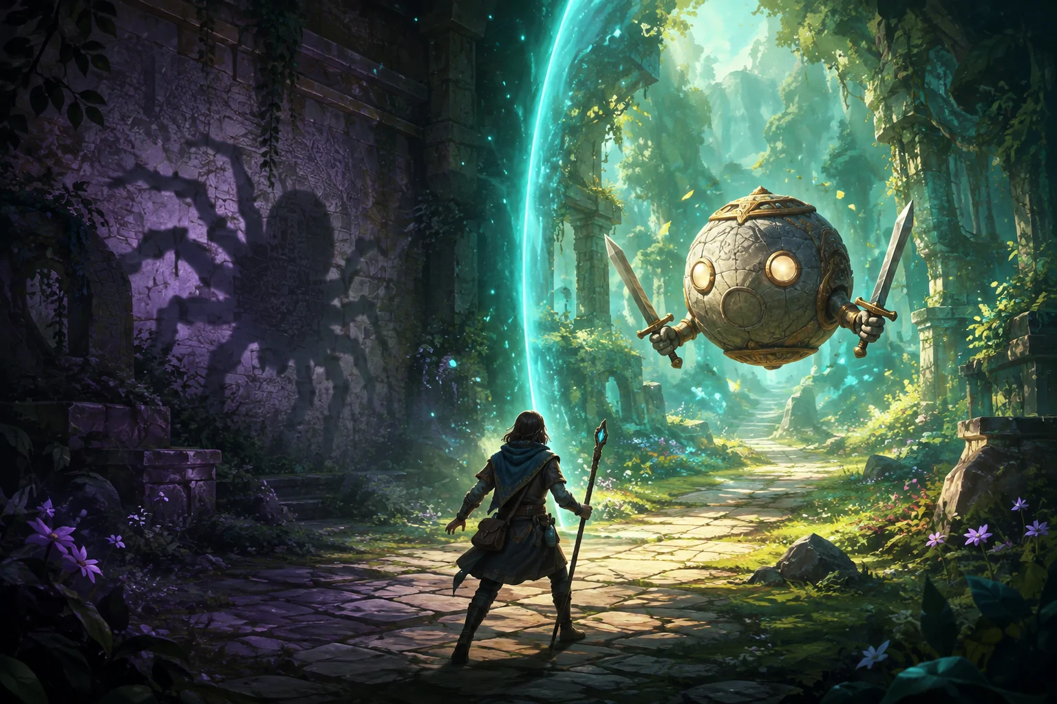 A many-legged creature shadow crosses a glowing teal threshold and becomes a round floating stone orb holding two swords while a traveler remains ready to fight.