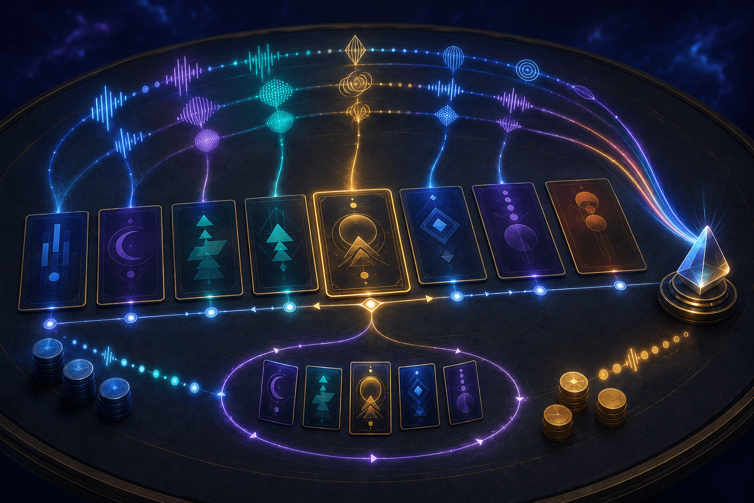 Abstract cards arranged in navigable rows on a dark table send luminous sound waves and information paths toward an audio prism