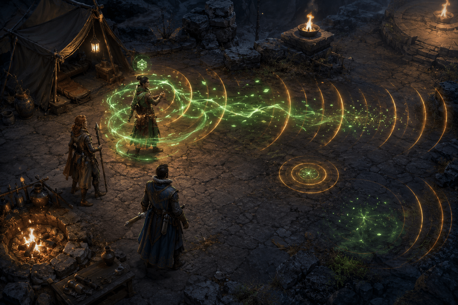 Three original fantasy adventurers stand in a stone camp as an active magical status separates into green particle ribbons and amber sound waves