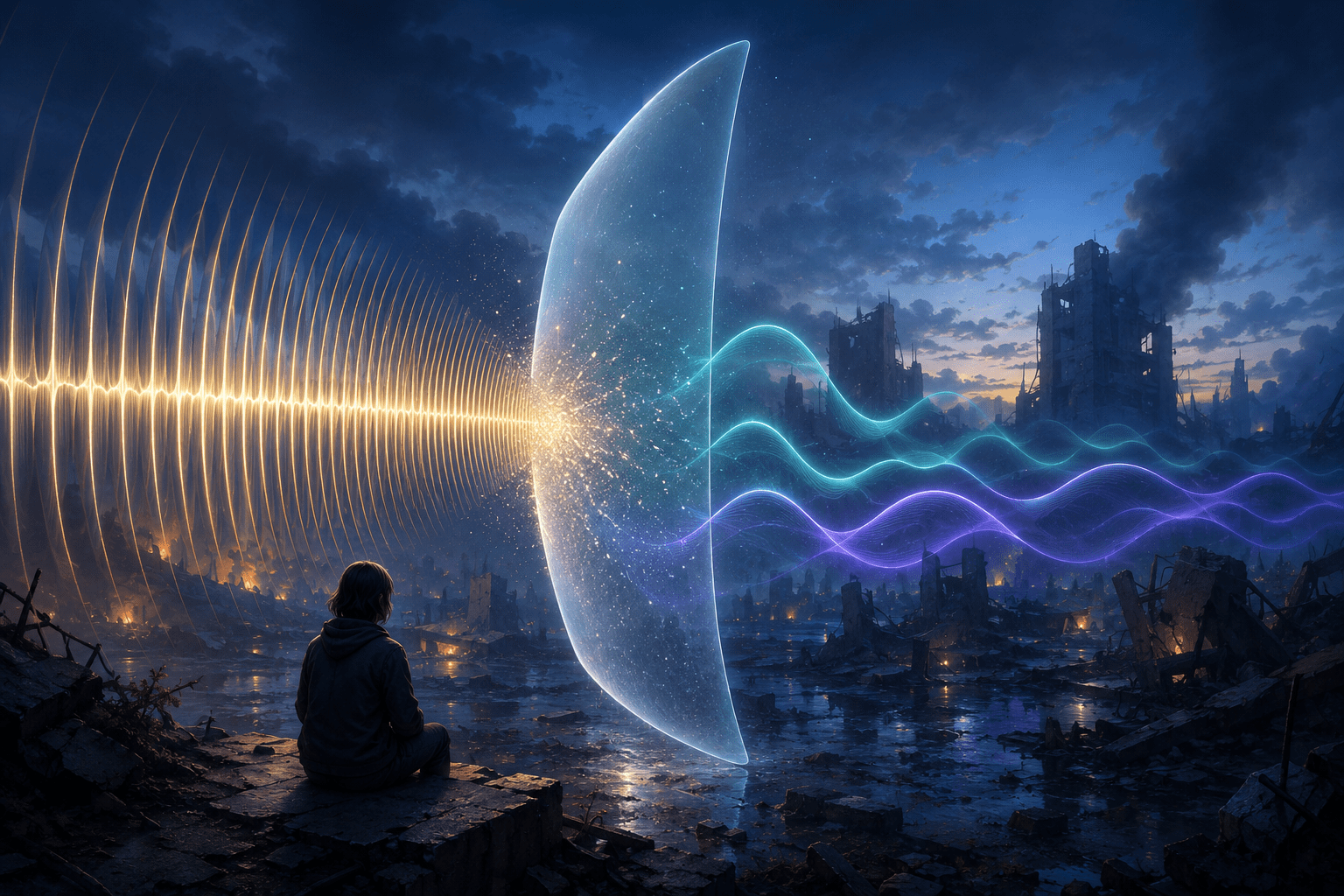 Sharp amber sound rings dissolve against a translucent acoustic field while broader teal and violet waves continue across a damaged city landscape