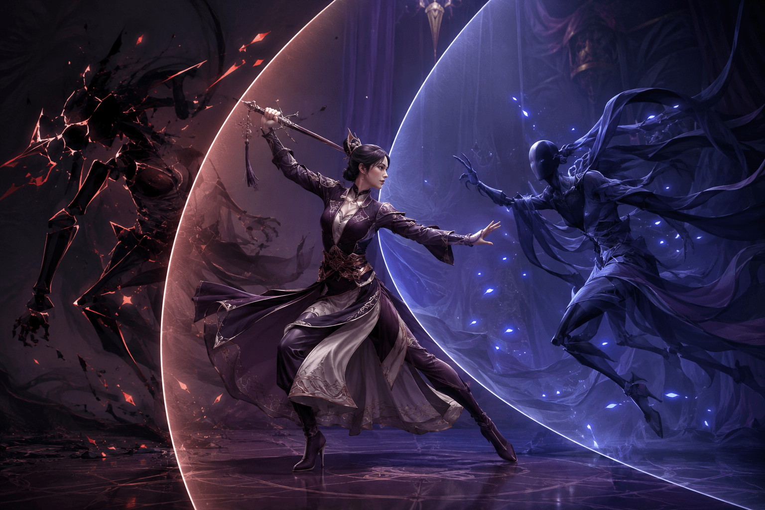 An original fully clothed fantasy performer remains in a choreographed battle while overlapping translucent veils transform sharp red impact fragments into restrained blue sparks and shadowed forms.
