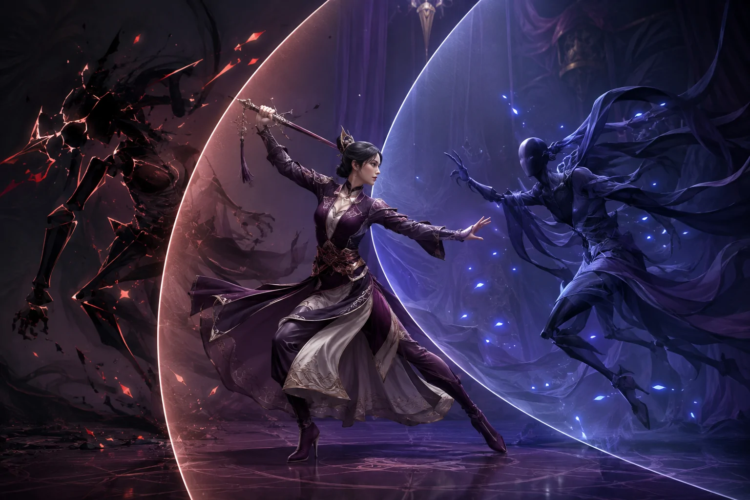 An original fully clothed fantasy performer remains in a choreographed battle while overlapping translucent veils transform sharp red impact fragments into restrained blue sparks and shadowed forms.