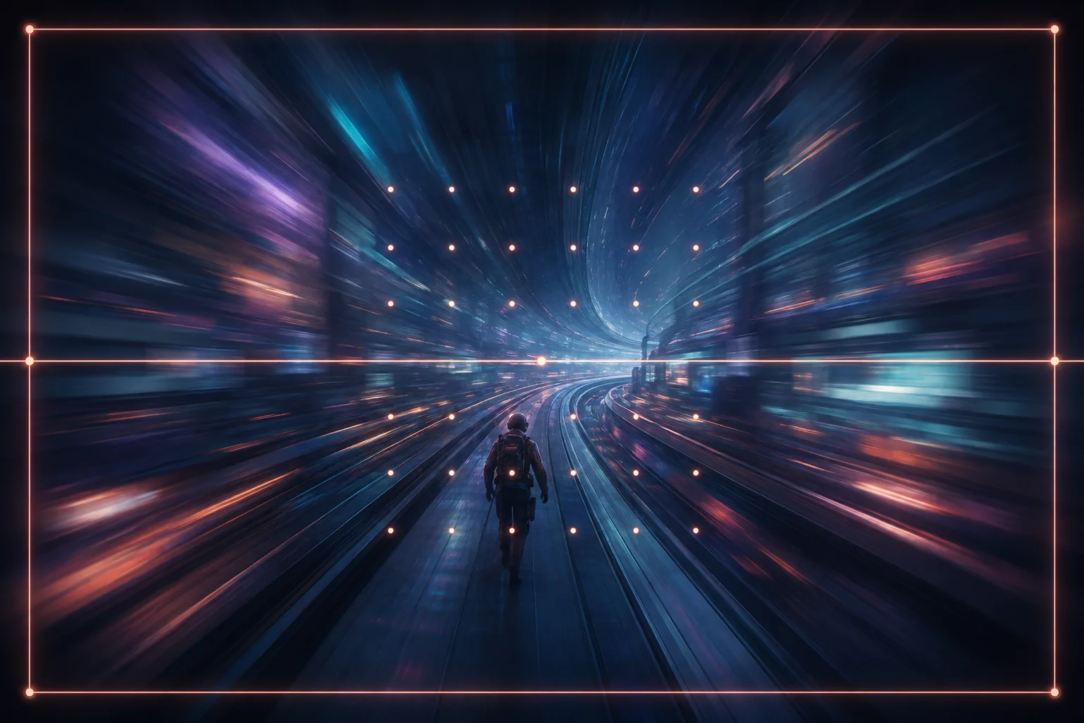 A fast-moving futuristic corridor blurs around an original explorer while a sharp horizontal line