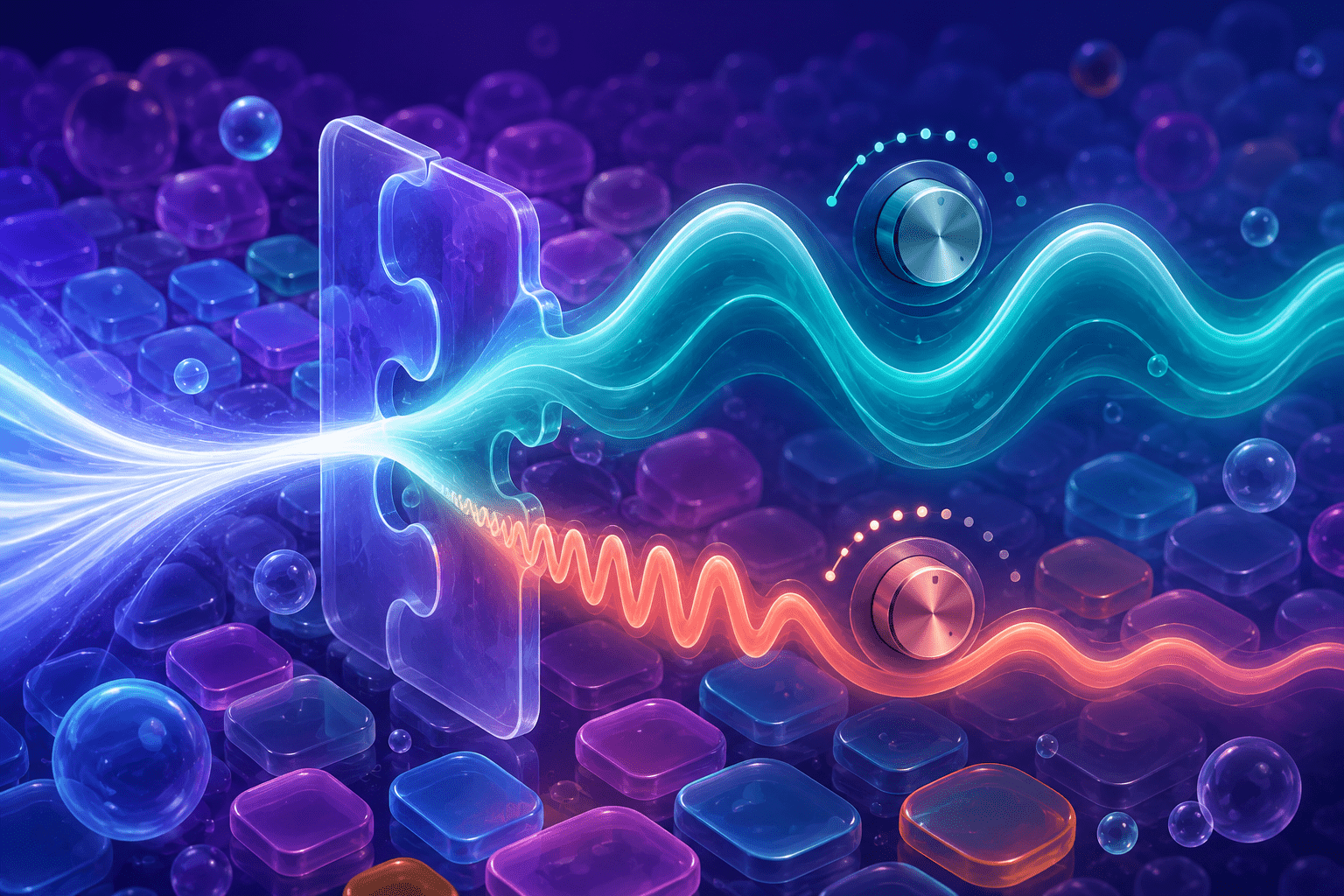 Blue high-frequency and orange bass sound waves pass through separate translucent filters with individual control dials above a field of colourful game pieces.