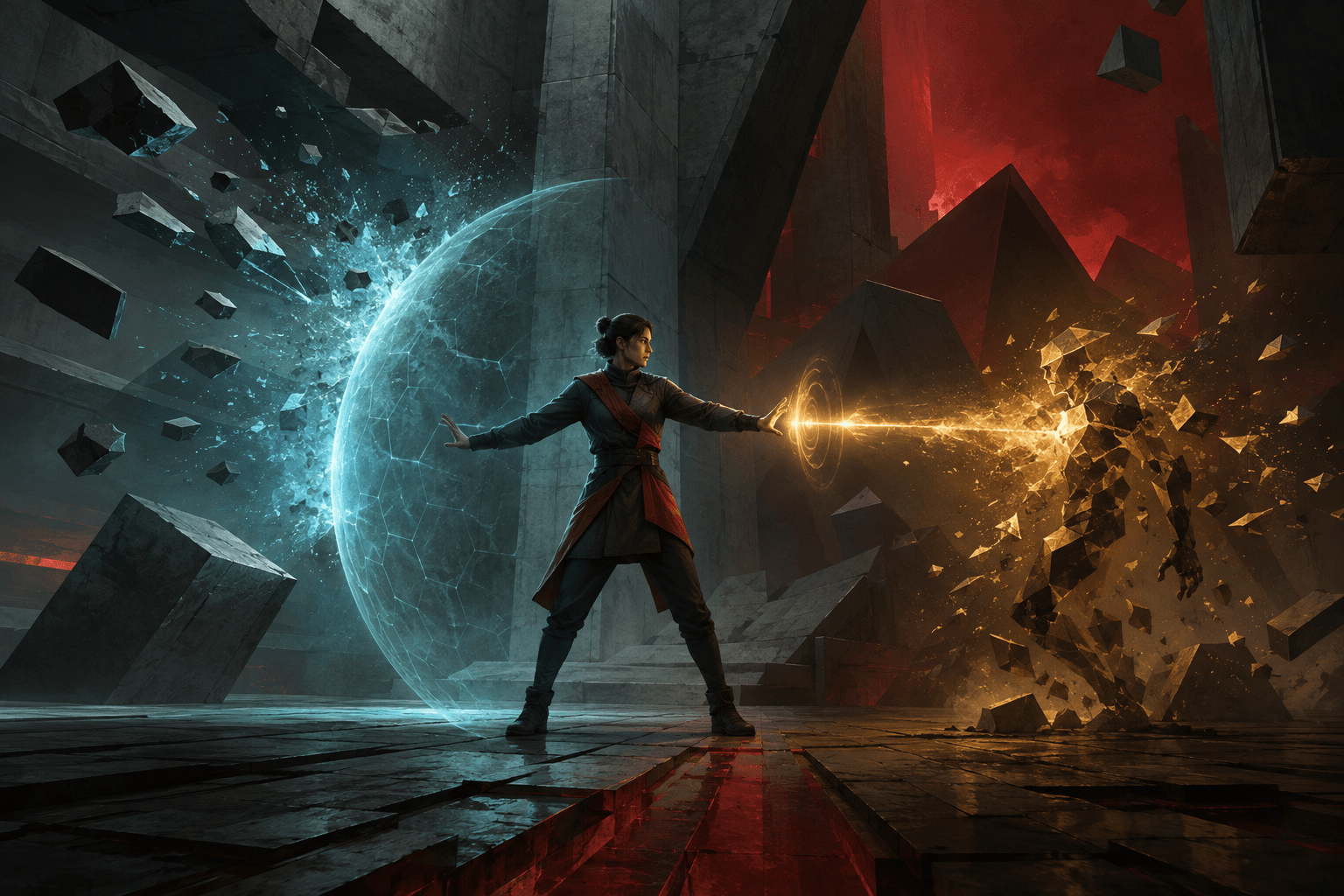 A figure in a shifting concrete chamber is protected from incoming debris by a cyan shield while one golden energy impulse dissolves an abstract enemy on the opposite side.
