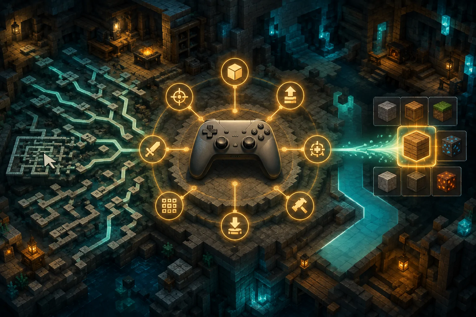 An unbranded controller sits at the centre of a block-built cavern