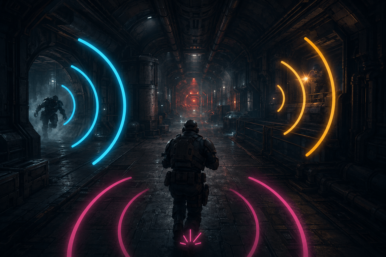 An armoured operative moves through a dark industrial corridor while bright cyan