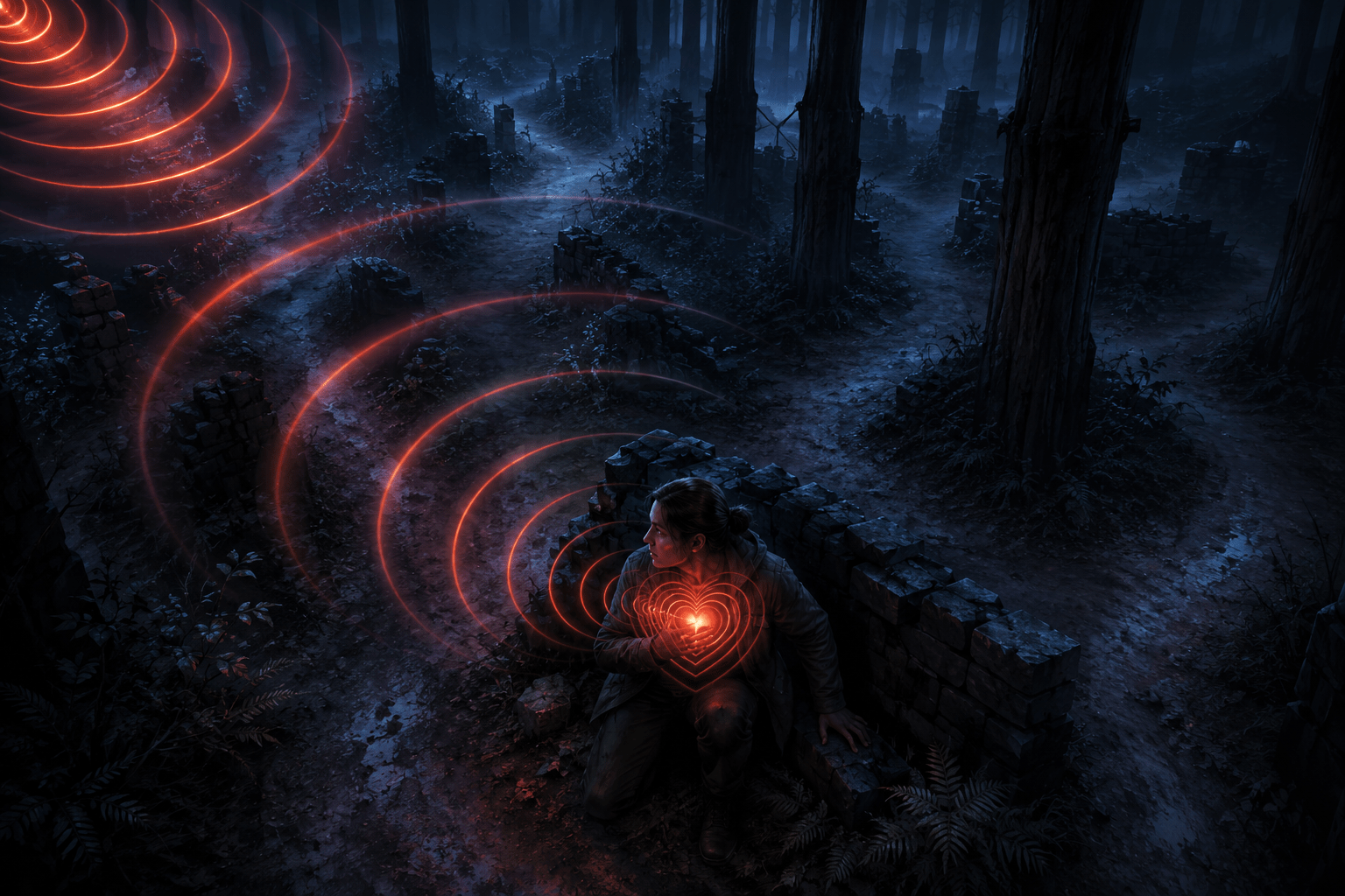 Red-orange proximity waves travel through a dark forest and become an intensifying luminous heartbeat over a survivor crouching behind a ruined wall.