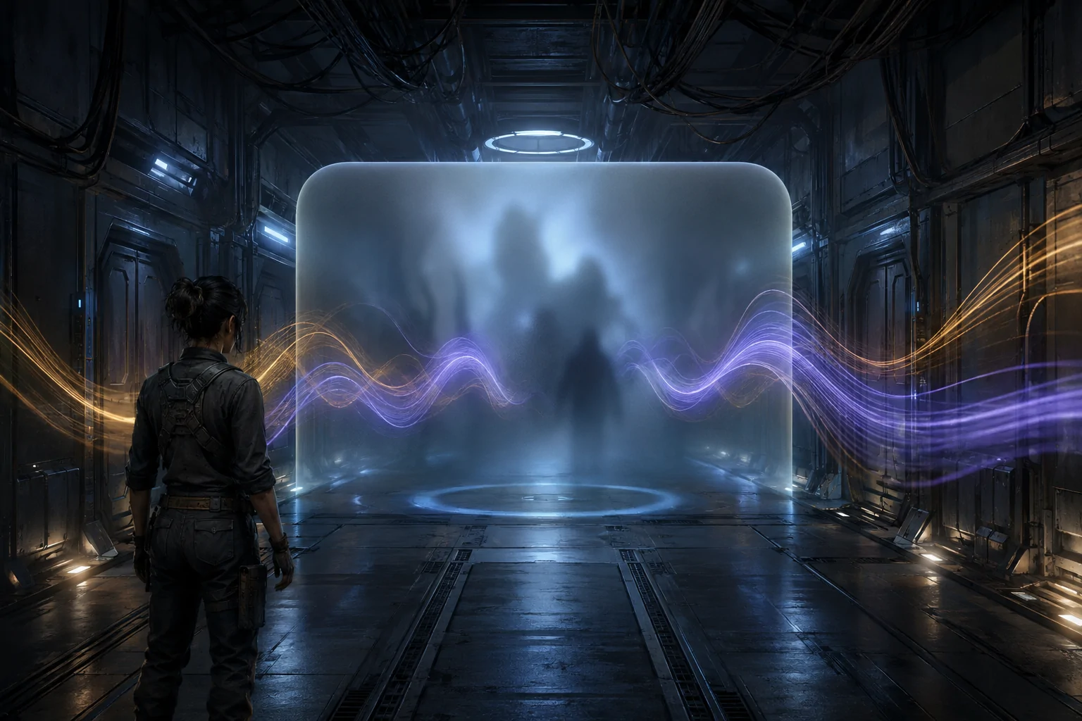 An explorer faces a large frosted visual barrier concealing indistinct figures in a science-fiction corridor while amber and violet sound waves continue through and around it.