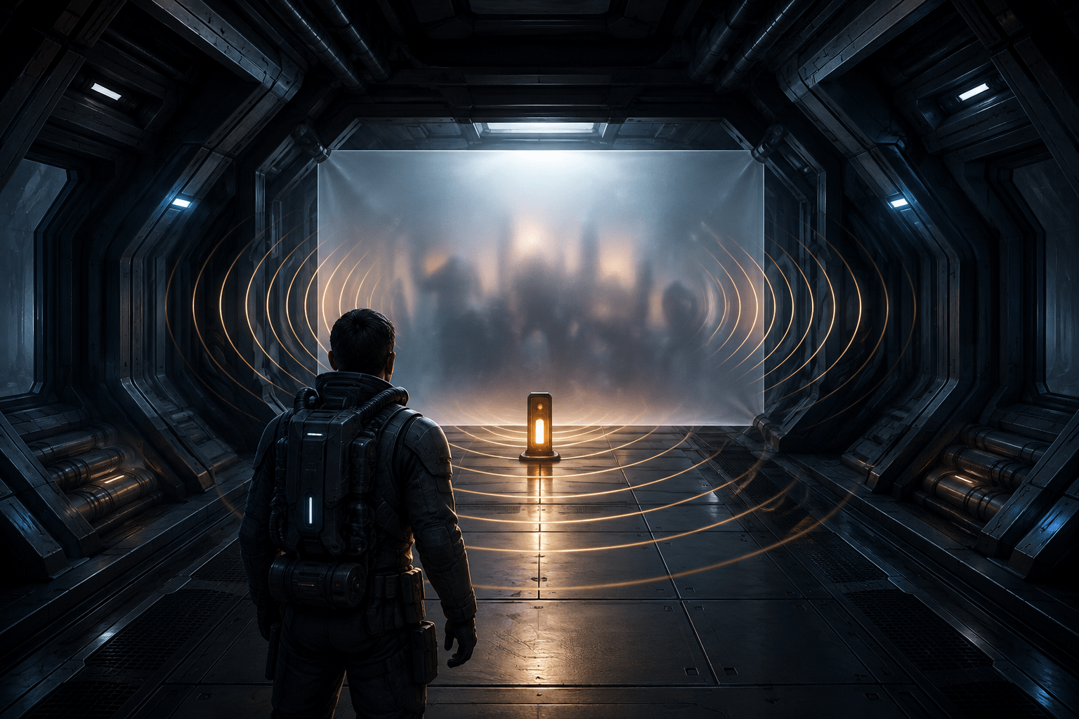 A space engineer pauses in a dark corridor before an amber threshold beacon and a frosted screen concealing the area ahead