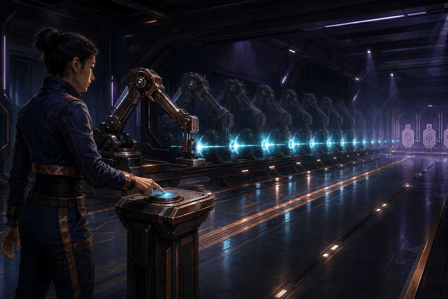 A trainee calmly holds one illuminated pressure pad while a sequence of energy pulses and repeating mechanical strike motions continues across a science-fiction practice range.