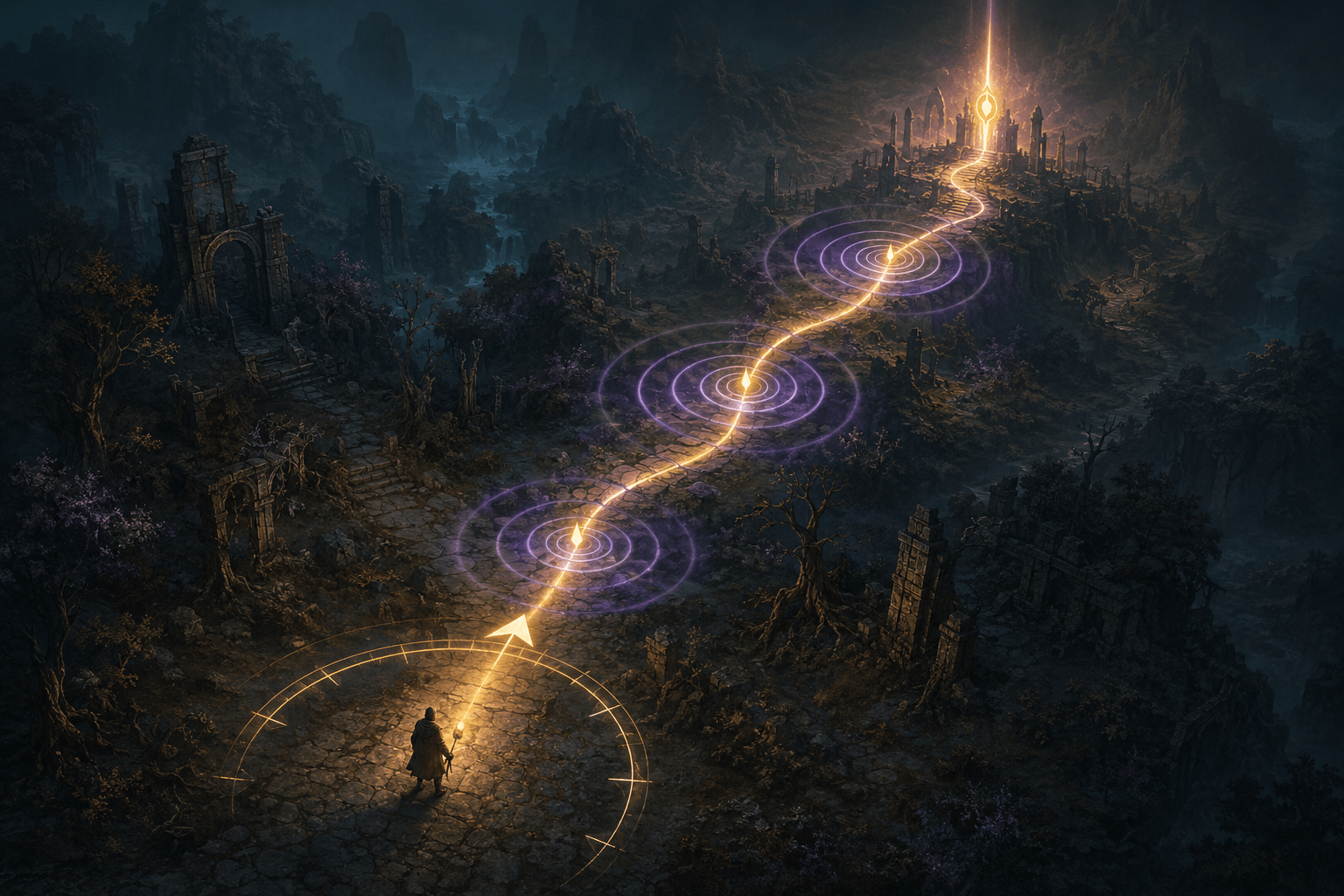 A traveler at a dark fantasy crossroads follows a glowing route marked by three purple spatial-audio pulses