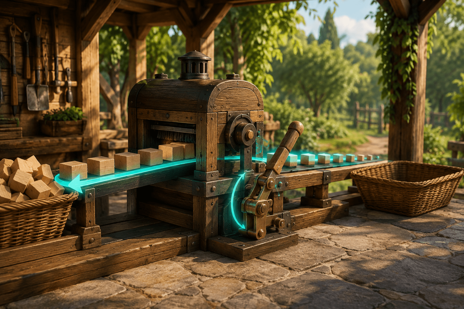 Wooden blocks move through a sunlit workshop machine along one continuous teal-lit path while a large mechanical lever remains latched