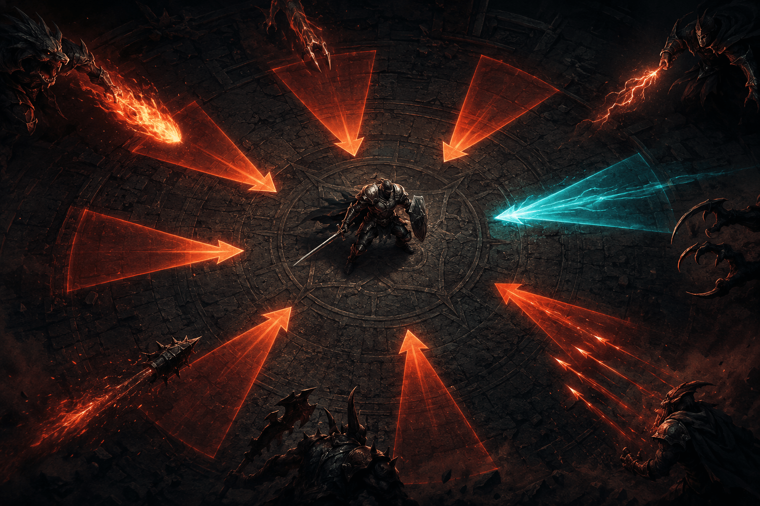 A lone armored fighter stands in a dark arena as three red attack paths curve in from outside the frame and a bright blue directional warning points toward one threat.