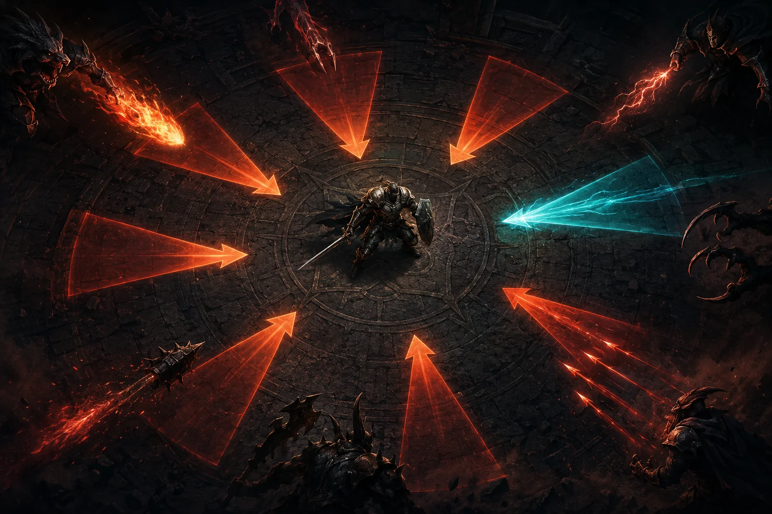 A lone armored fighter stands in a dark arena as three red attack paths curve in from outside the frame and a bright blue directional warning points toward one threat.