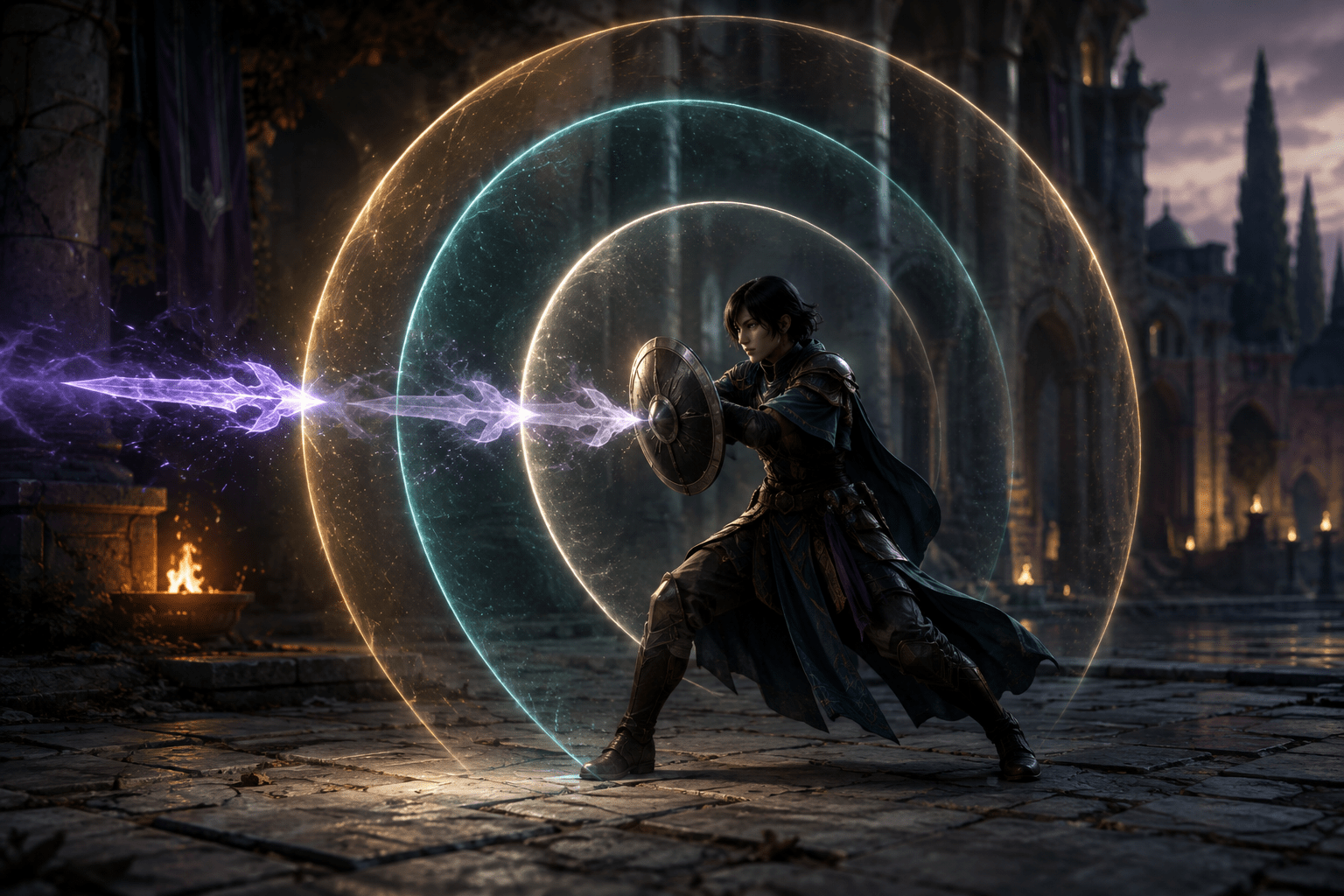 An original fantasy defender raises a round guard against an incoming energy strike while three nested luminous arcs represent narrow