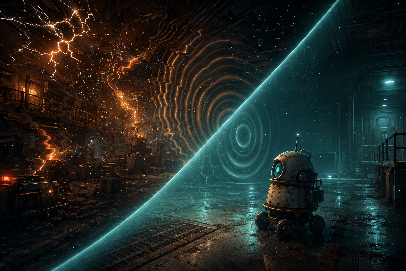 A small salvage robot stands in the calm teal side of an industrial corridor as a diagonal filtering field transforms electrical flashes