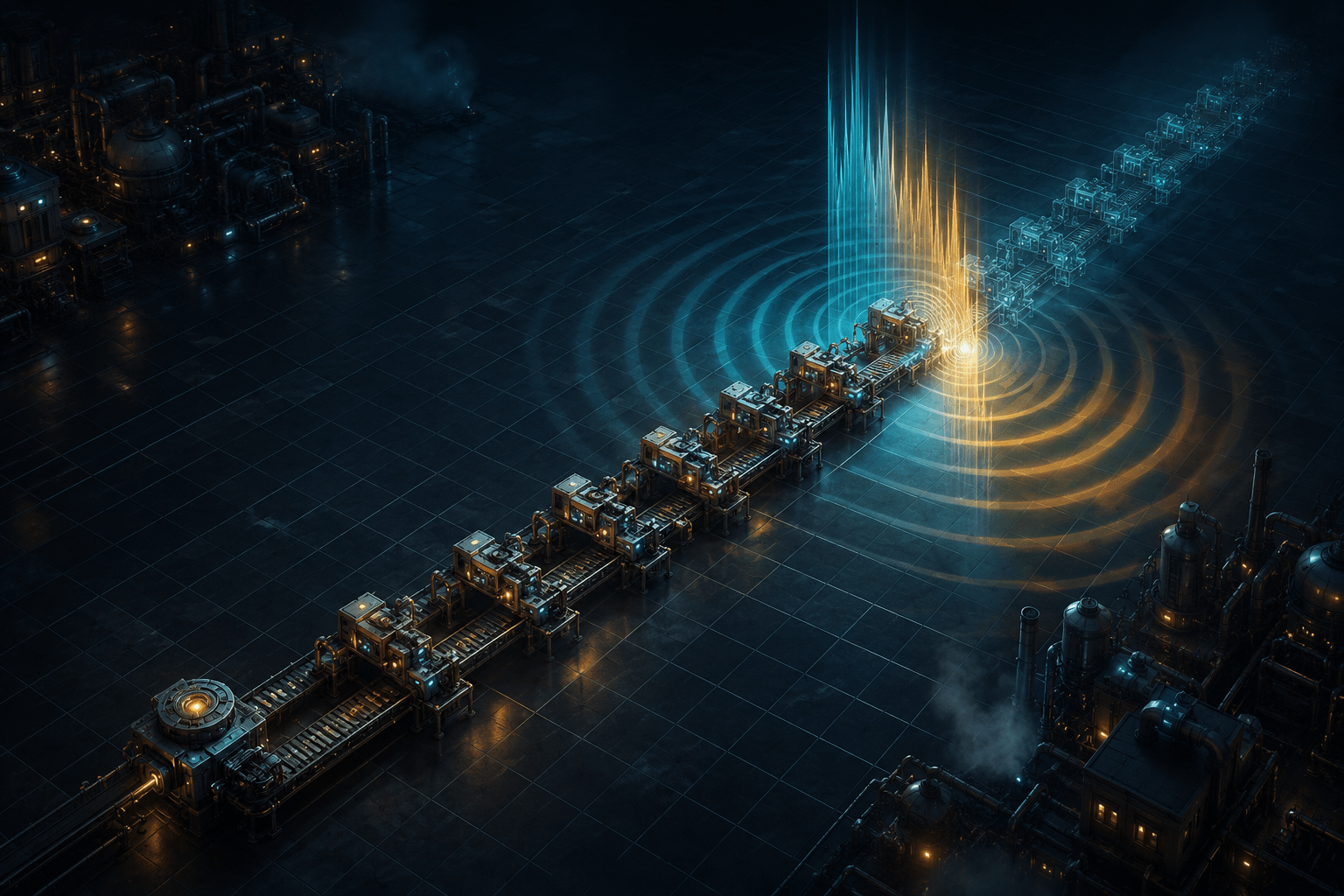 A diagonal row of evenly spaced industrial machines crosses a glowing plane of cyan and amber sound waves on a dark tile grid