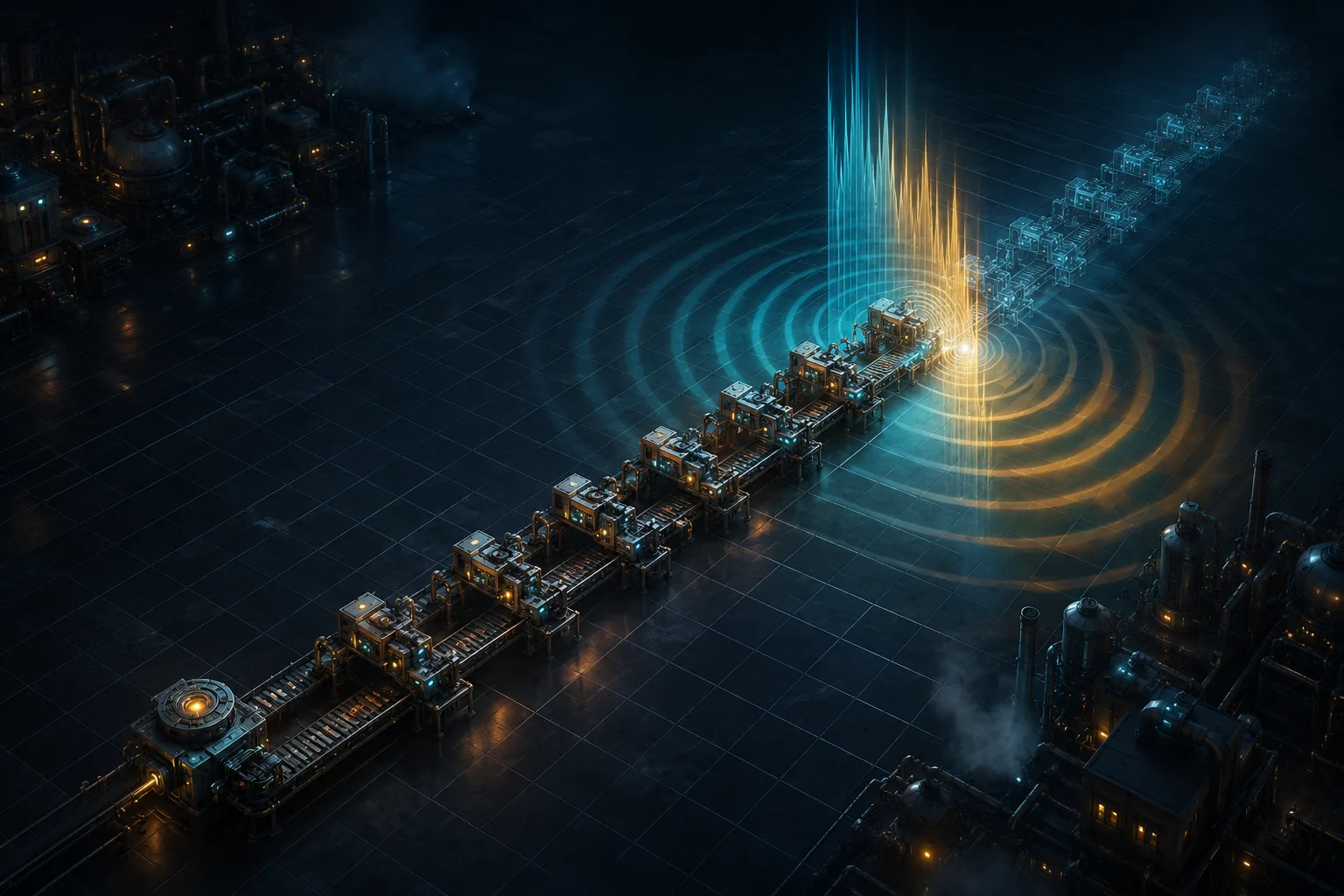 A diagonal row of evenly spaced industrial machines crosses a glowing plane of cyan and amber sound waves on a dark tile grid