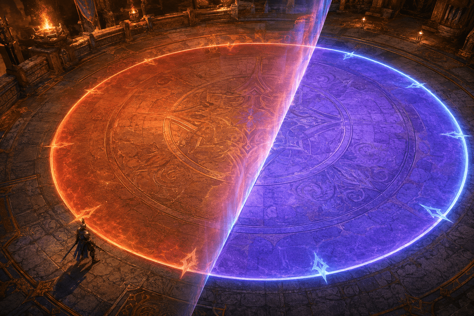 A circular ground hazard crosses a transparent chromatic plane in a fantasy arena