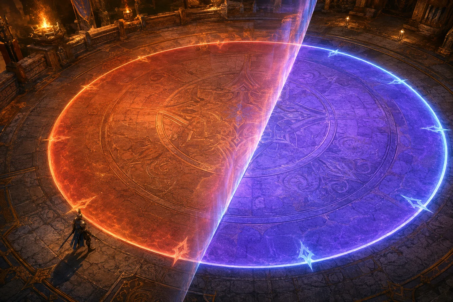 A circular ground hazard crosses a transparent chromatic plane in a fantasy arena