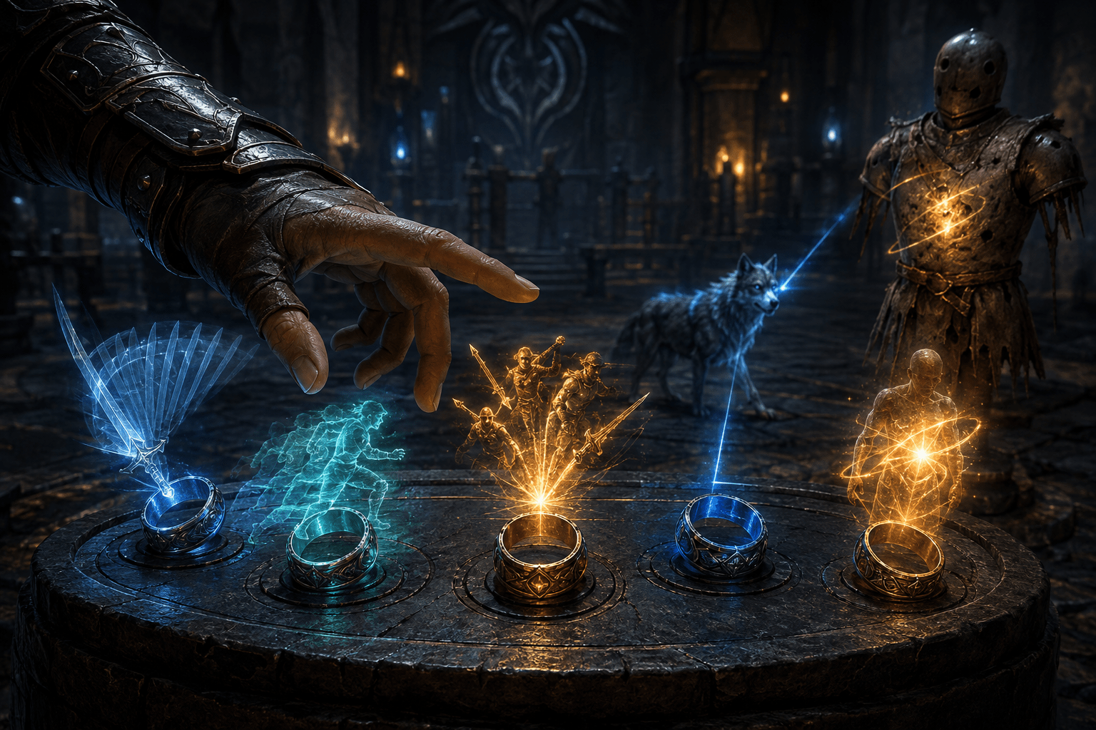A gauntleted hand reaches toward five luminous rings on a stone pedestal